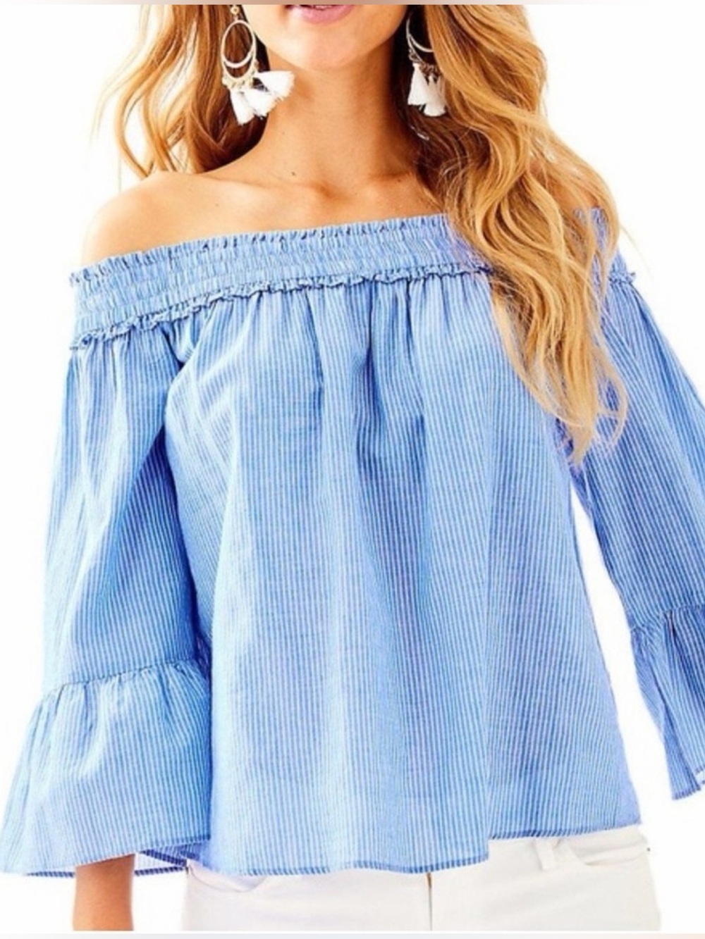 Lilly Pulitzer preppy summer blue pinstripes bell sleeve off the shoulder top xs